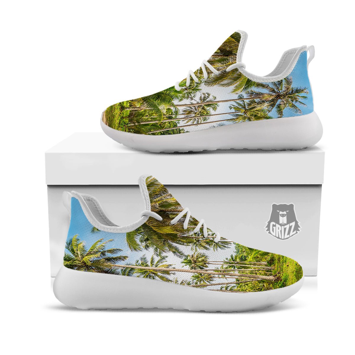 Coconut Tree Print White Athletic Shoes-grizzshop