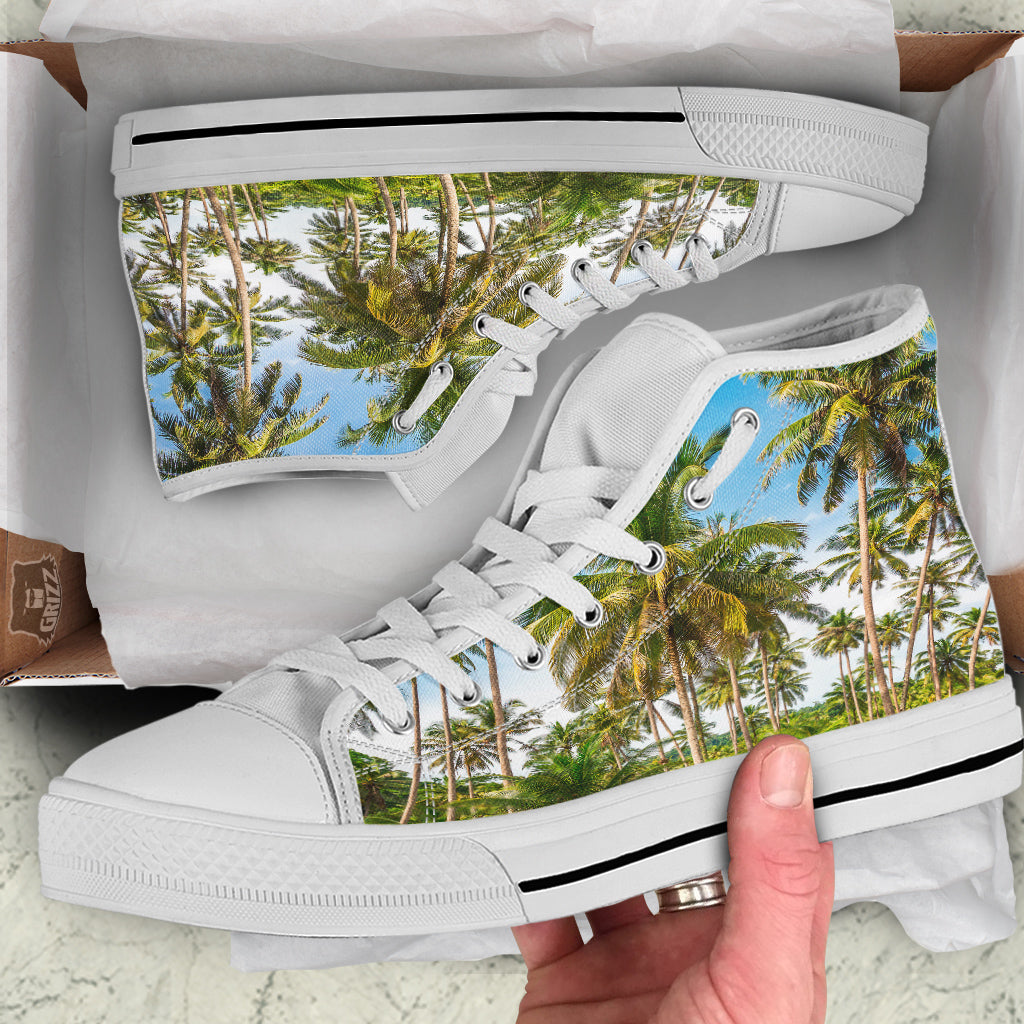 Coconut Tree Print White High Top Shoes-grizzshop