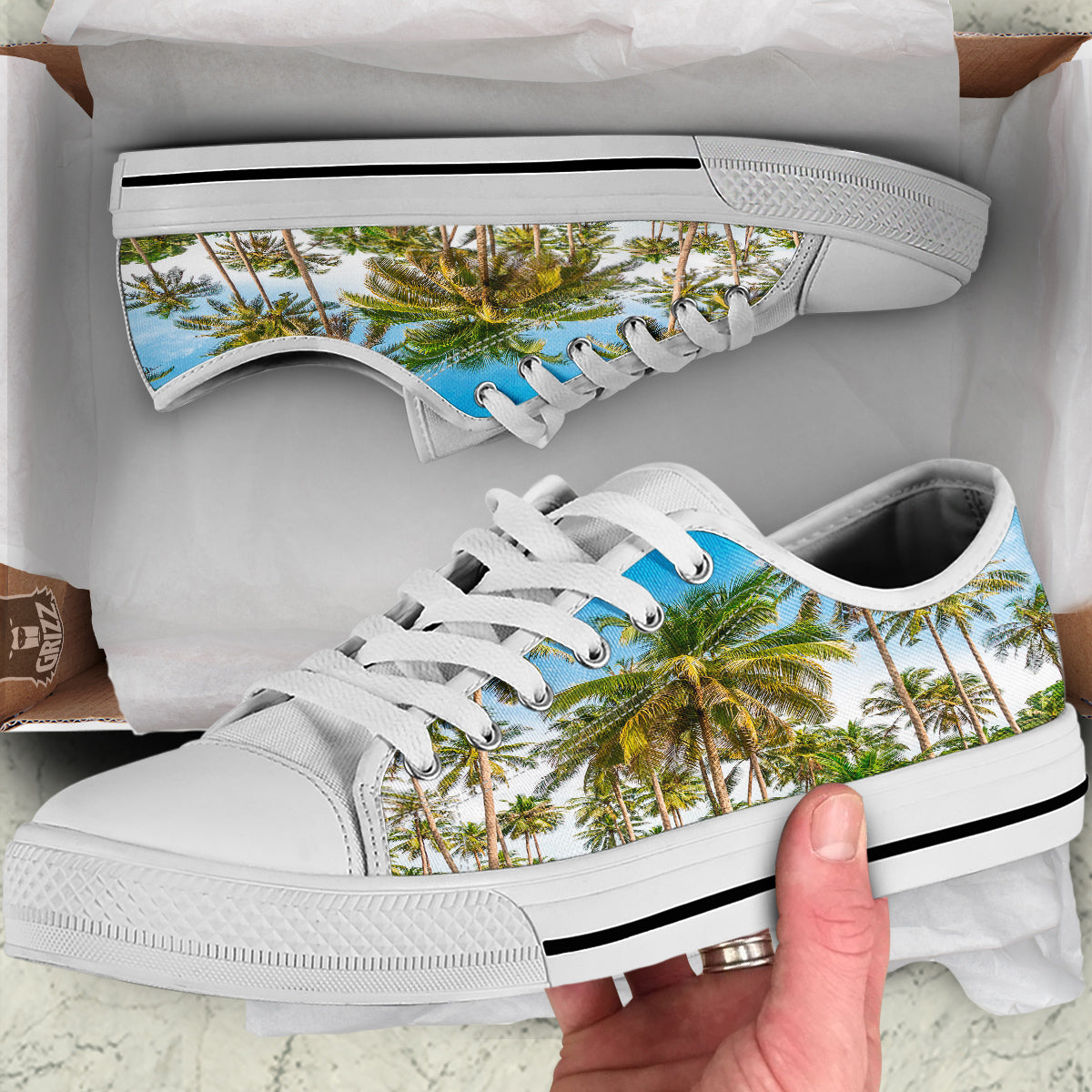 Coconut Tree Print White Low Top Shoes-grizzshop