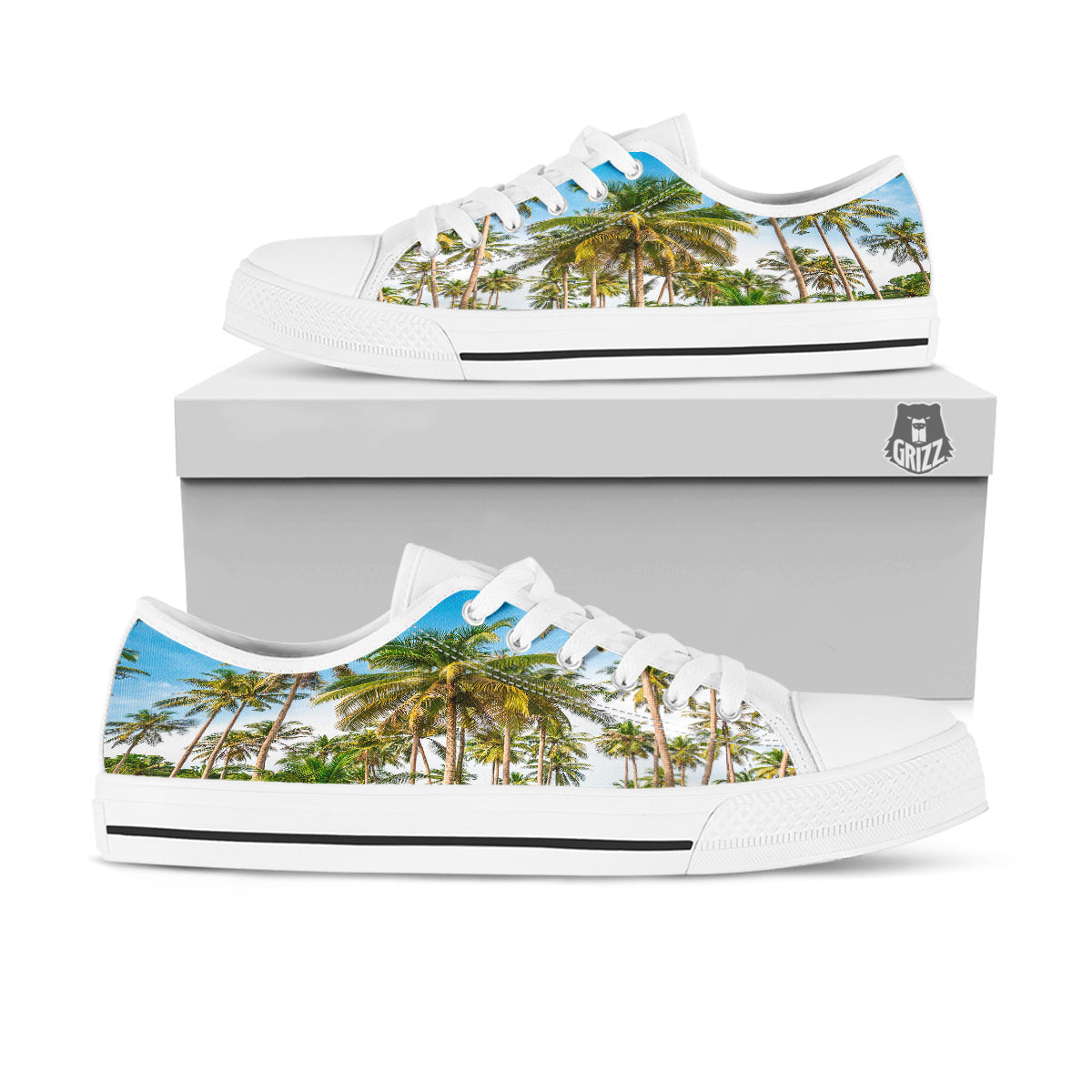 Coconut Tree Print White Low Top Shoes-grizzshop