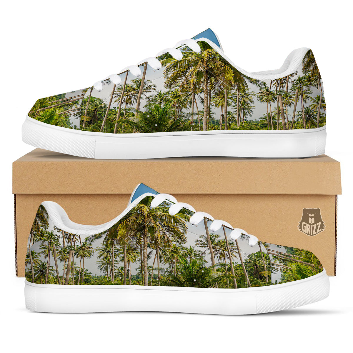 Coconut Tree Print White Low Top Sneakers-grizzshop