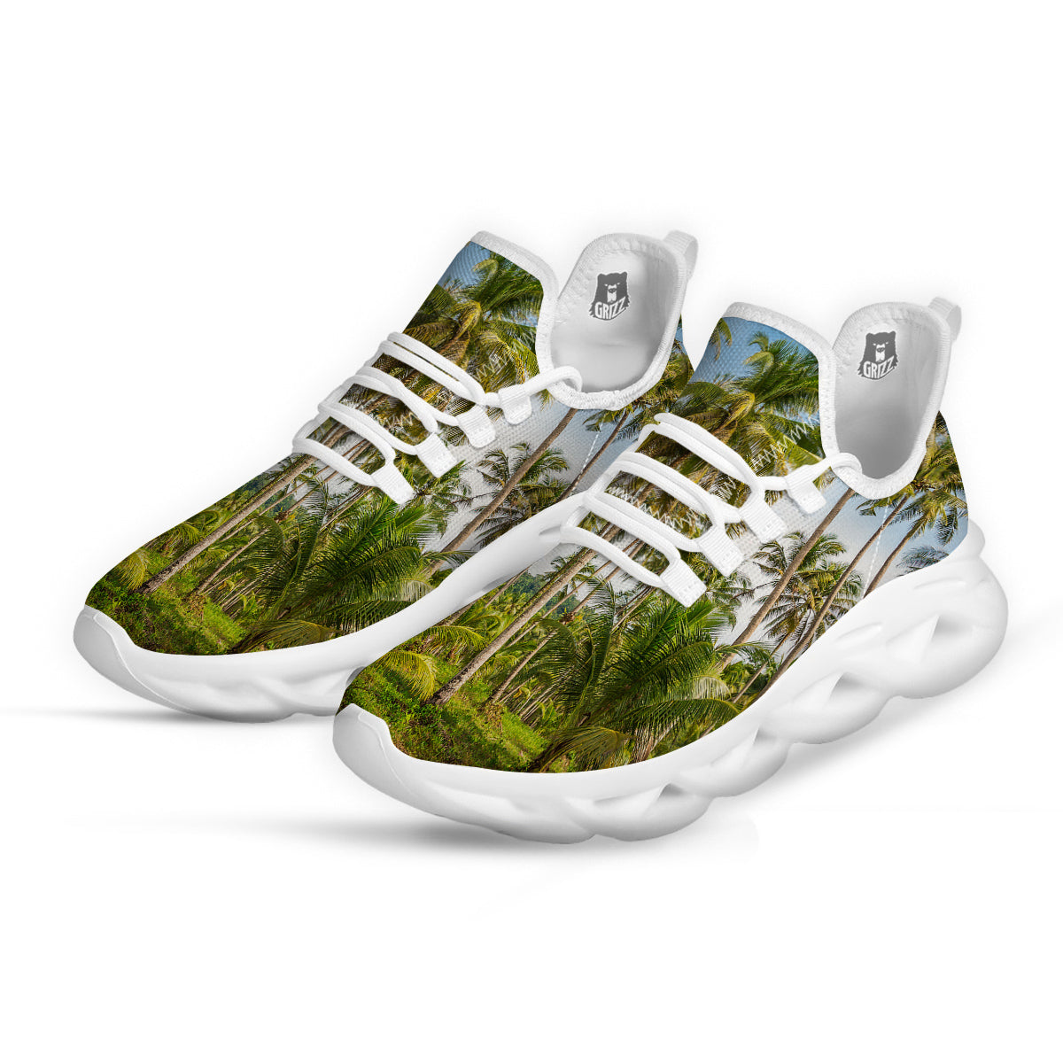 Coconut Tree Print White Running Shoes-grizzshop