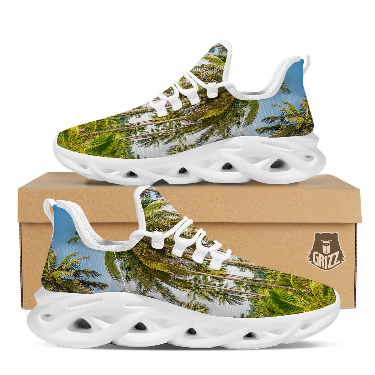 Coconut Tree Print White Running Shoes-grizzshop