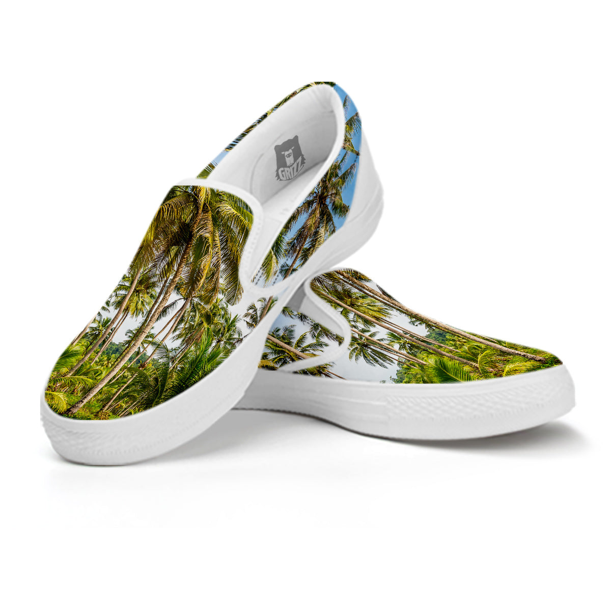Coconut Tree Print White Slip On Shoes-grizzshop