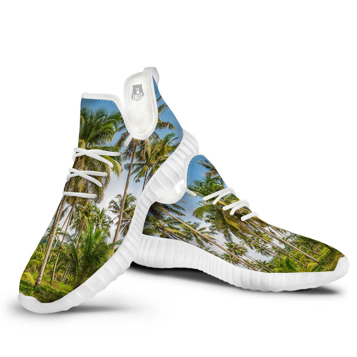 Coconut Tree Print White Walking Shoes-grizzshop
