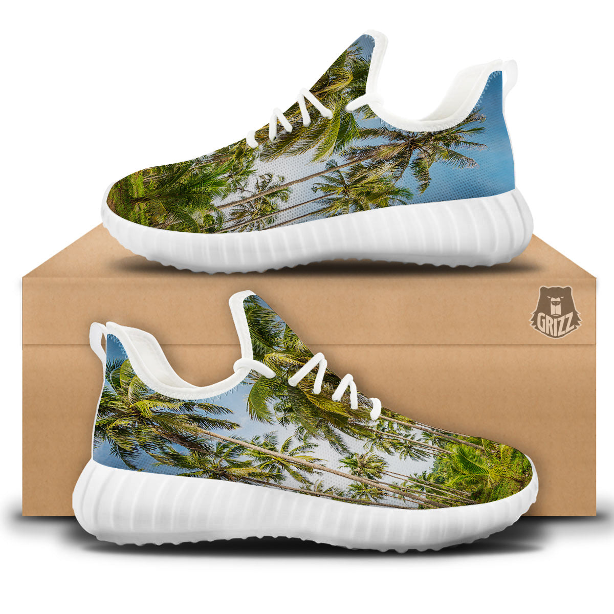 Coconut Tree Print White Walking Shoes-grizzshop