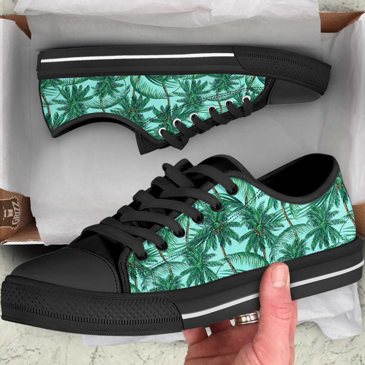 Coconut Tree Vintage Print Pattern Black Low Top Shoes-grizzshop