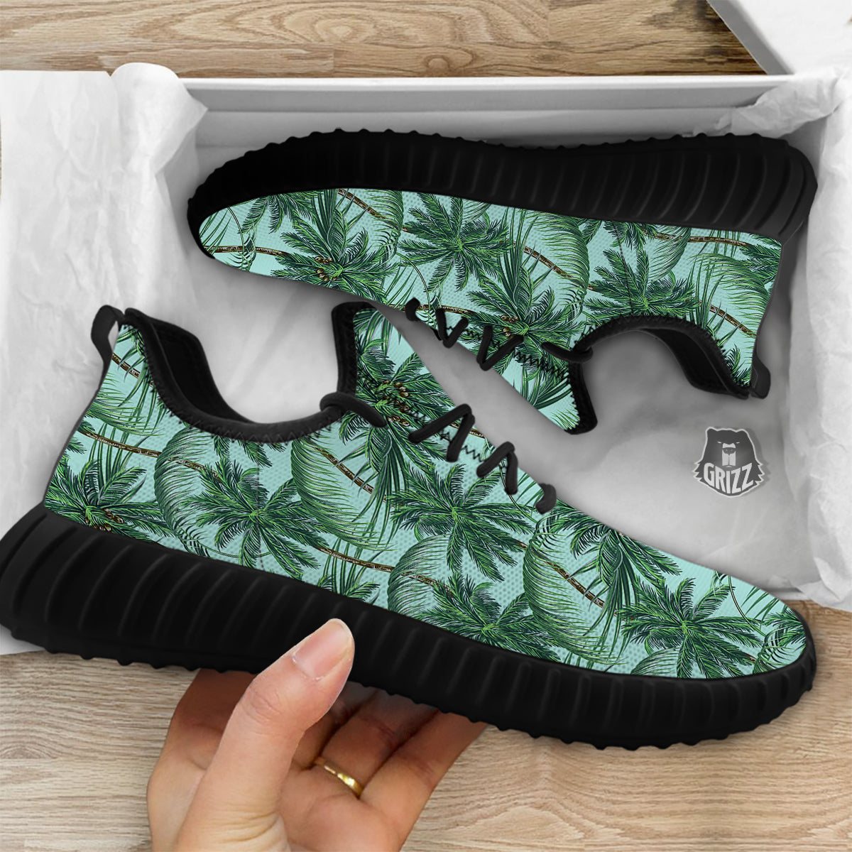 Coconut Tree Vintage Print Pattern Black Walking Shoes-grizzshop