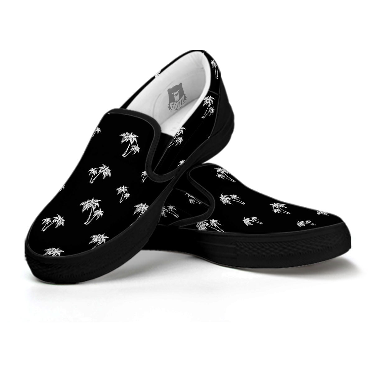 Coconut Tree White And Black Print Black Slip On Shoes-grizzshop