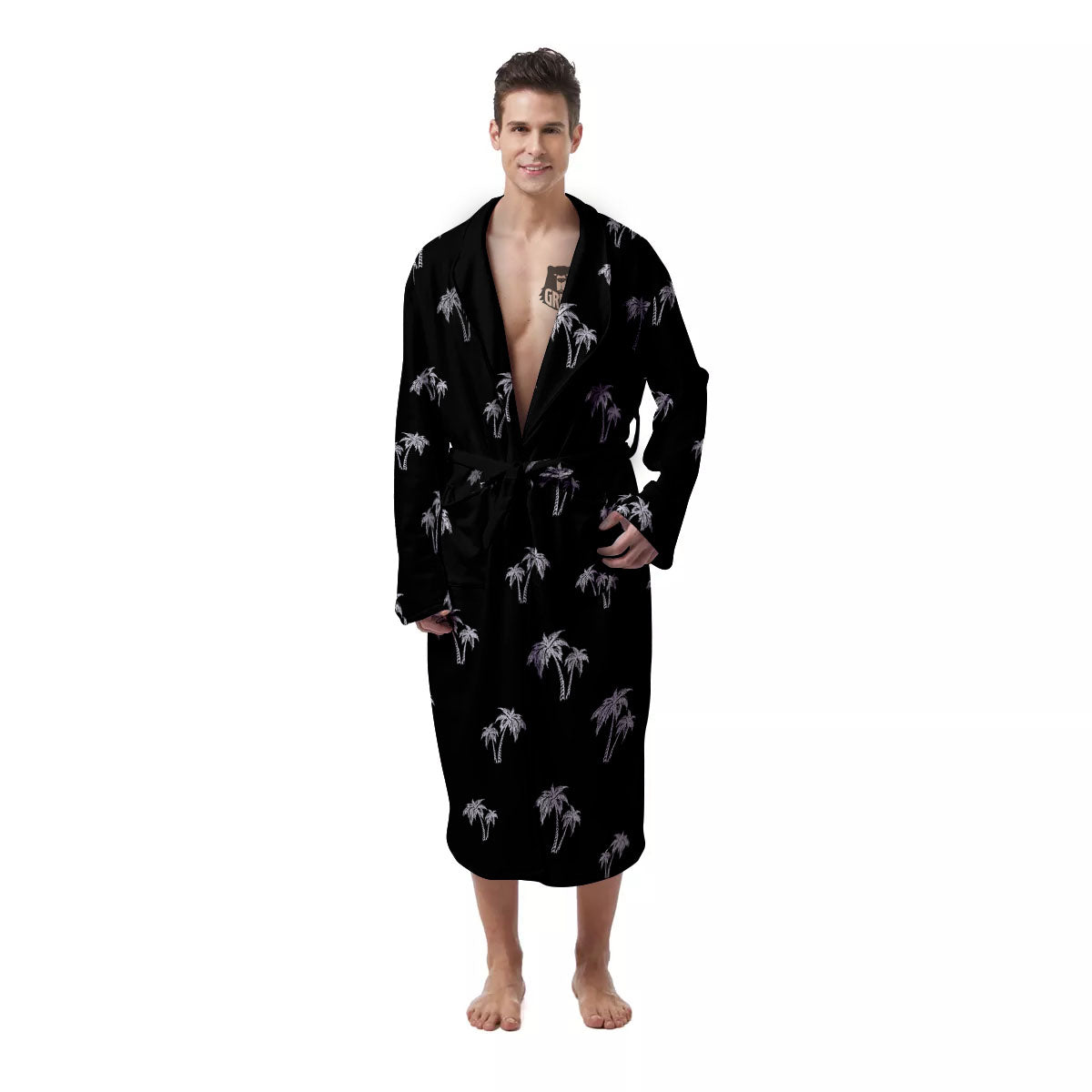 Coconut Tree White And Black Print Men's Robe-grizzshop