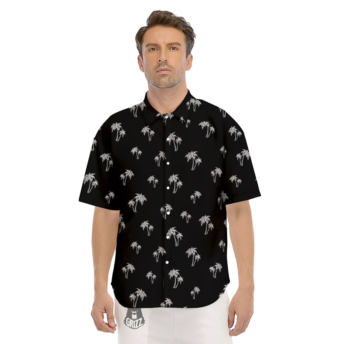 Coconut Tree White And Black Print Men's Short Sleeve Shirts-grizzshop