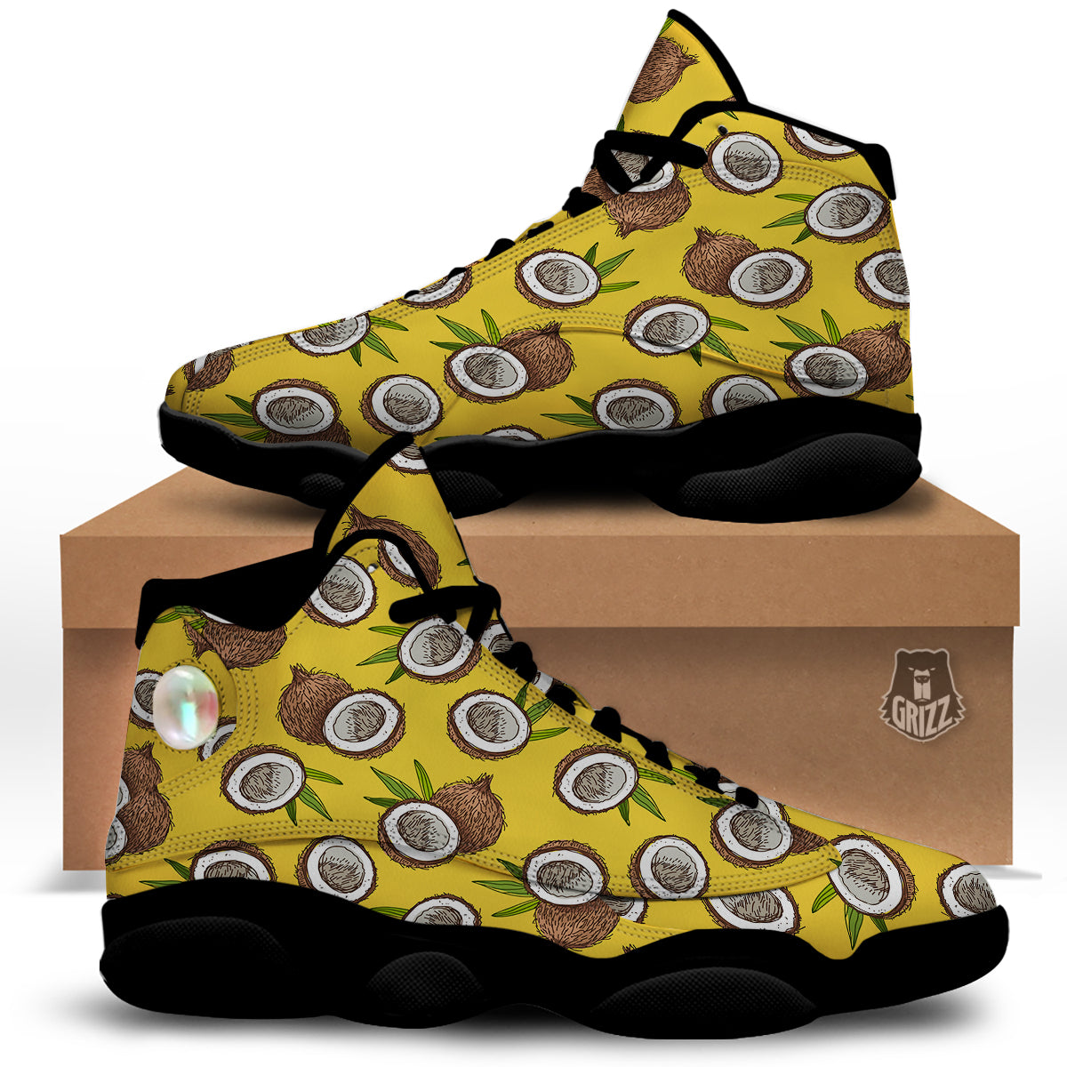 Coconut Yellow Print Pattern Black Basketball Shoes-grizzshop
