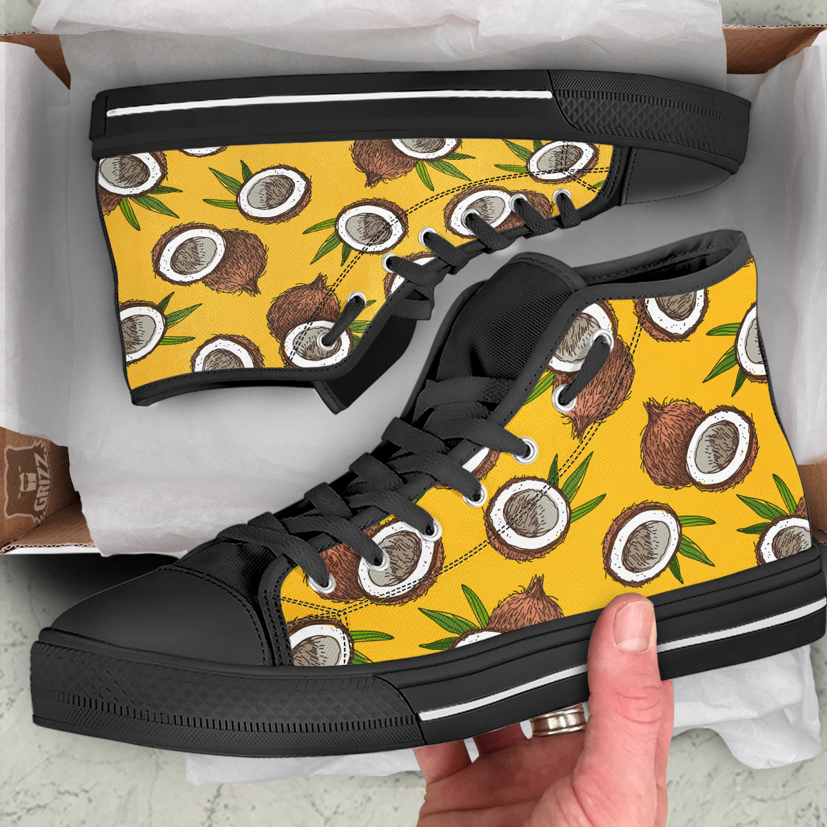Coconut Yellow Print Pattern Black High Top Shoes-grizzshop