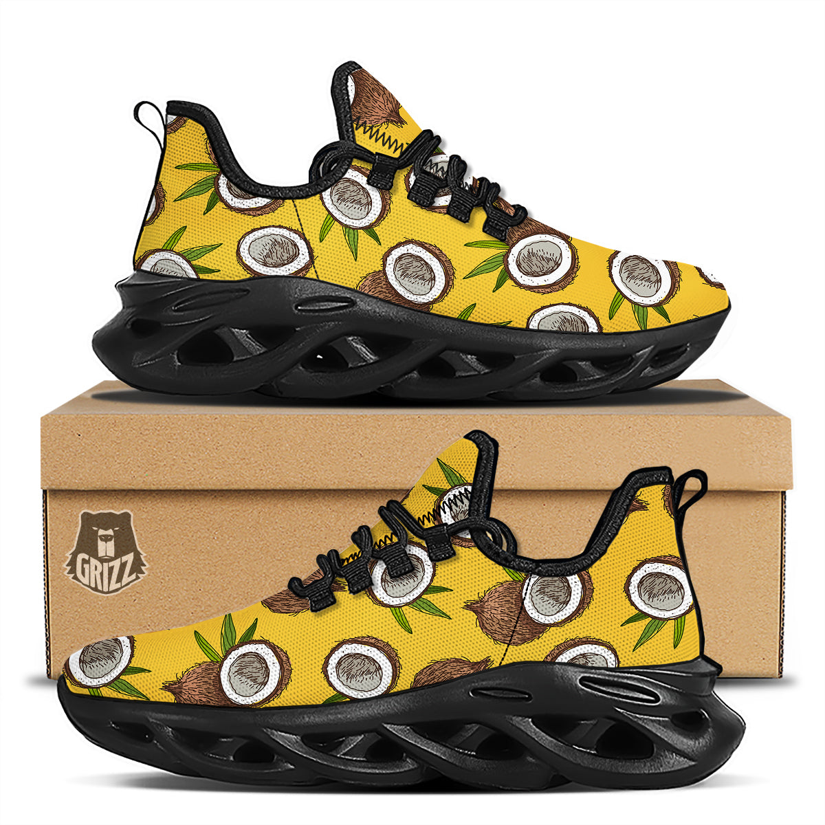 Coconut Yellow Print Pattern Black Running Shoes-grizzshop