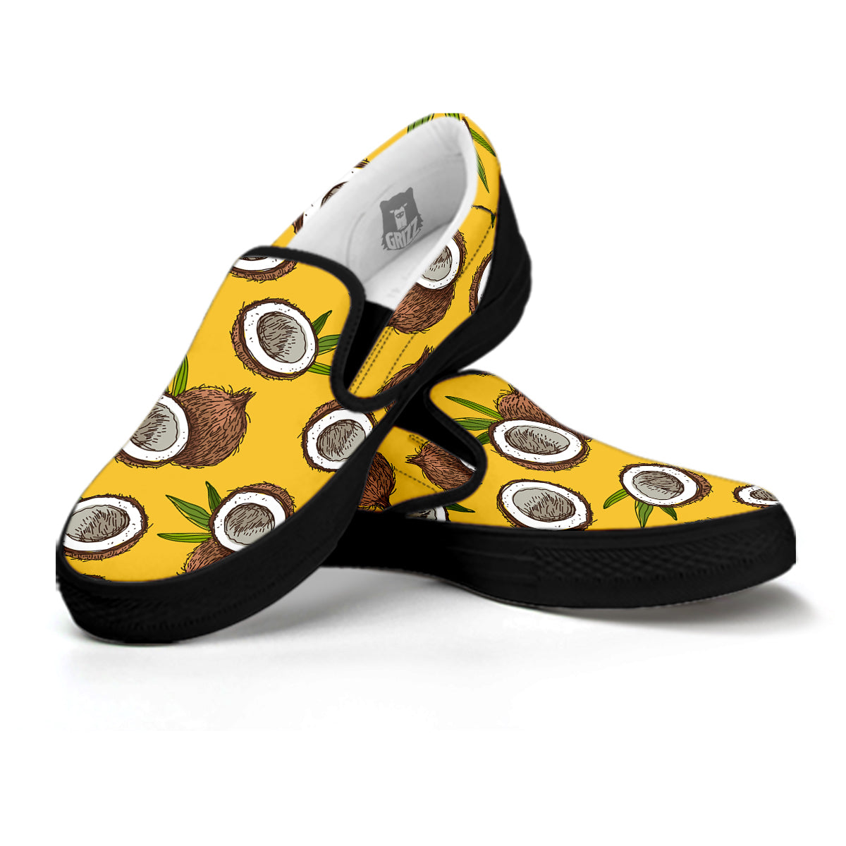 Coconut Yellow Print Pattern Black Slip On Shoes-grizzshop