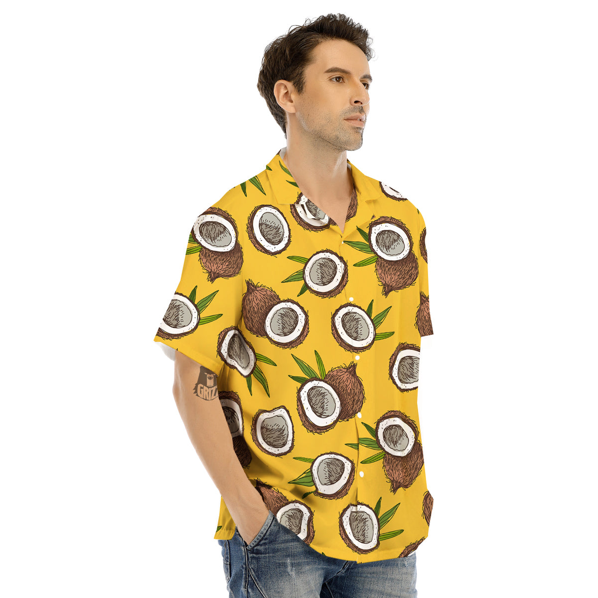 Coconut Yellow Print Pattern Men's Hawaiian Shirt-grizzshop