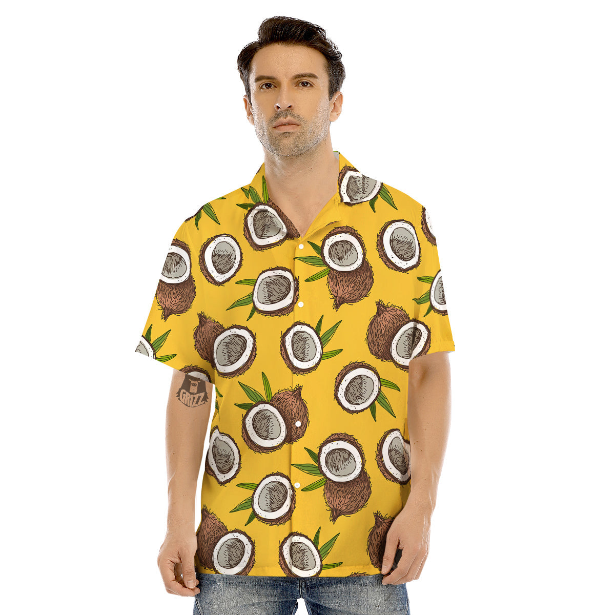 Coconut Yellow Print Pattern Men's Hawaiian Shirt-grizzshop