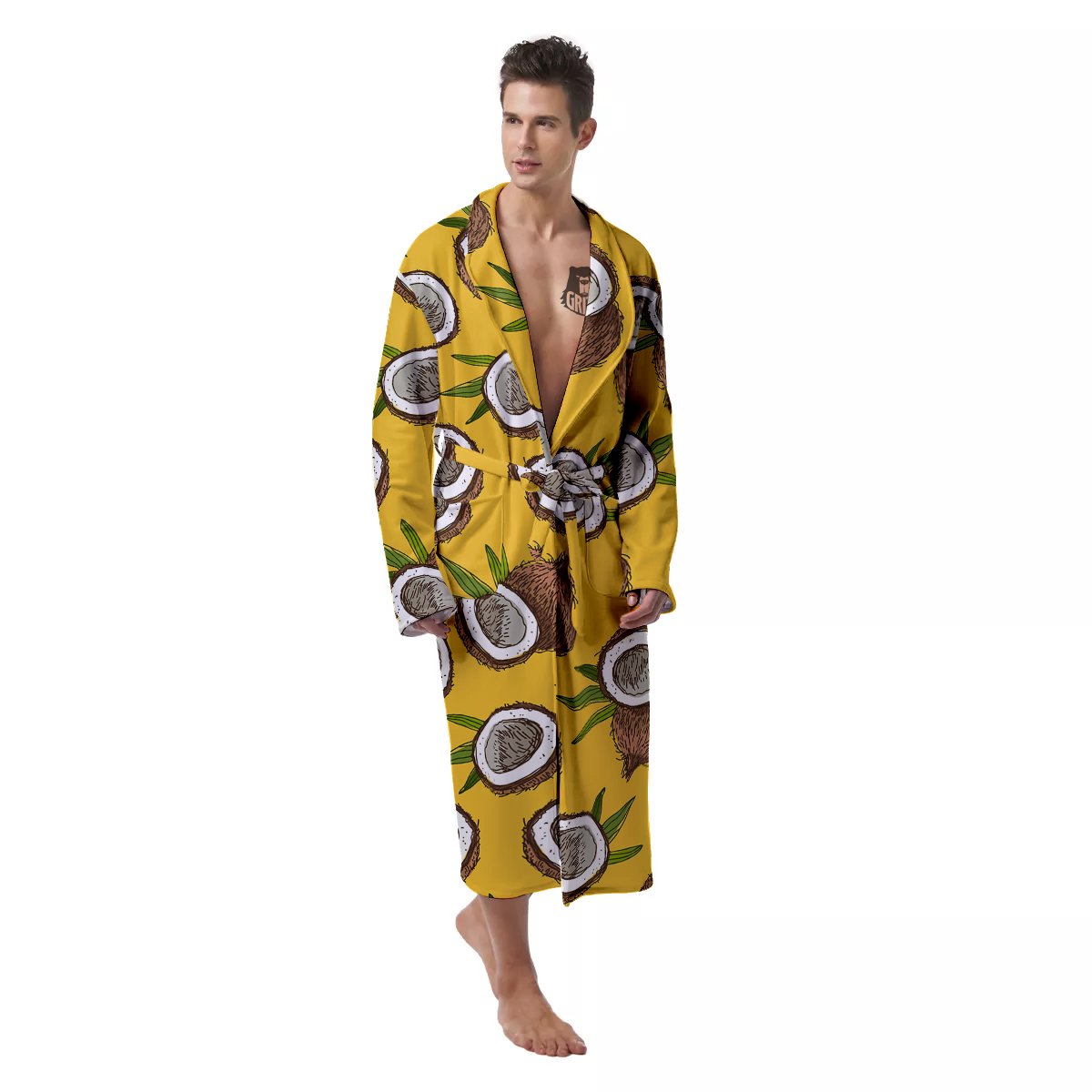 Coconut Yellow Print Pattern Men's Robe-grizzshop