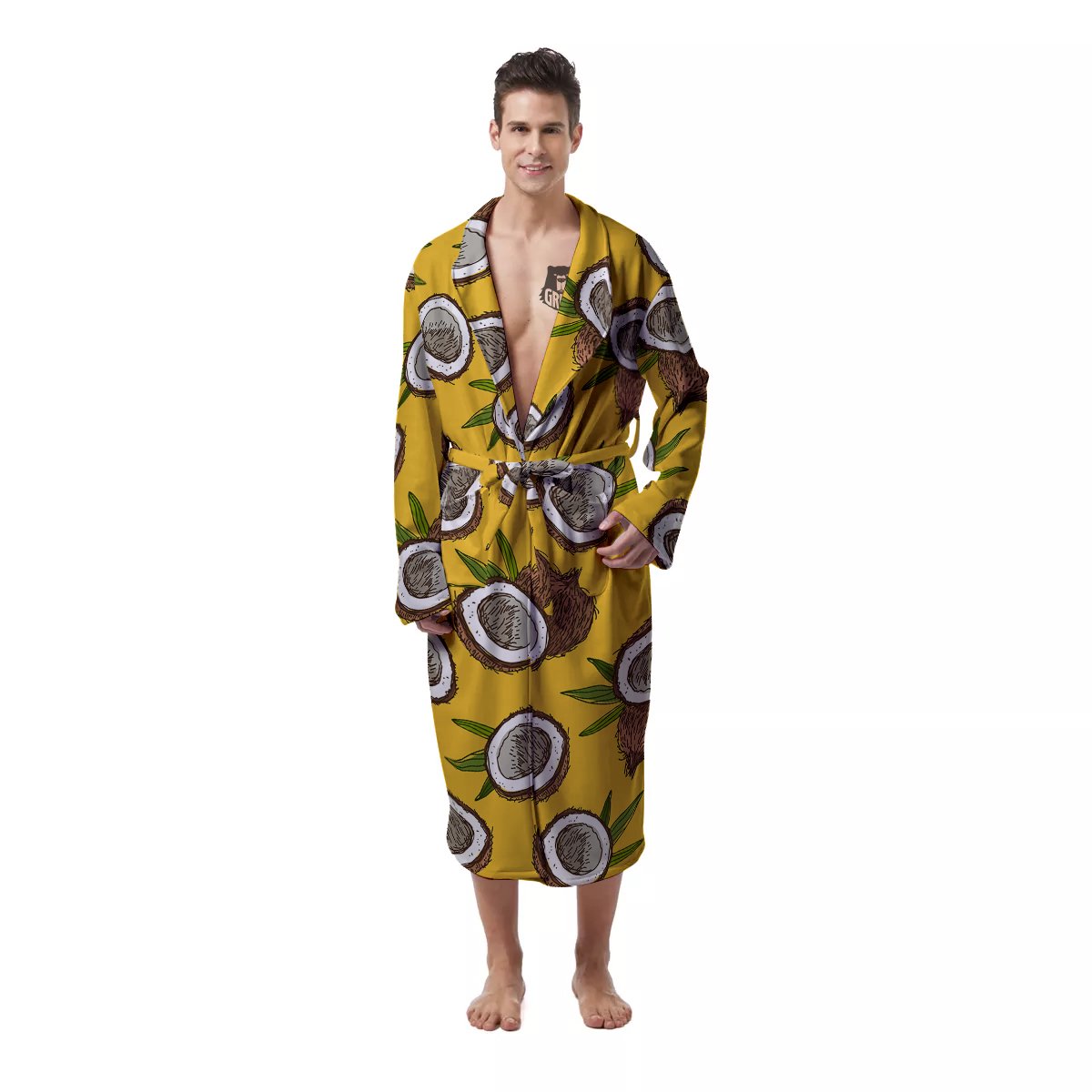 Coconut Yellow Print Pattern Men's Robe-grizzshop