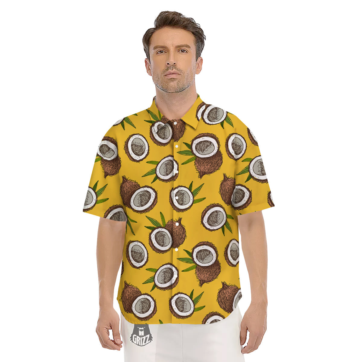 Coconut Yellow Print Pattern Men's Short Sleeve Shirts-grizzshop