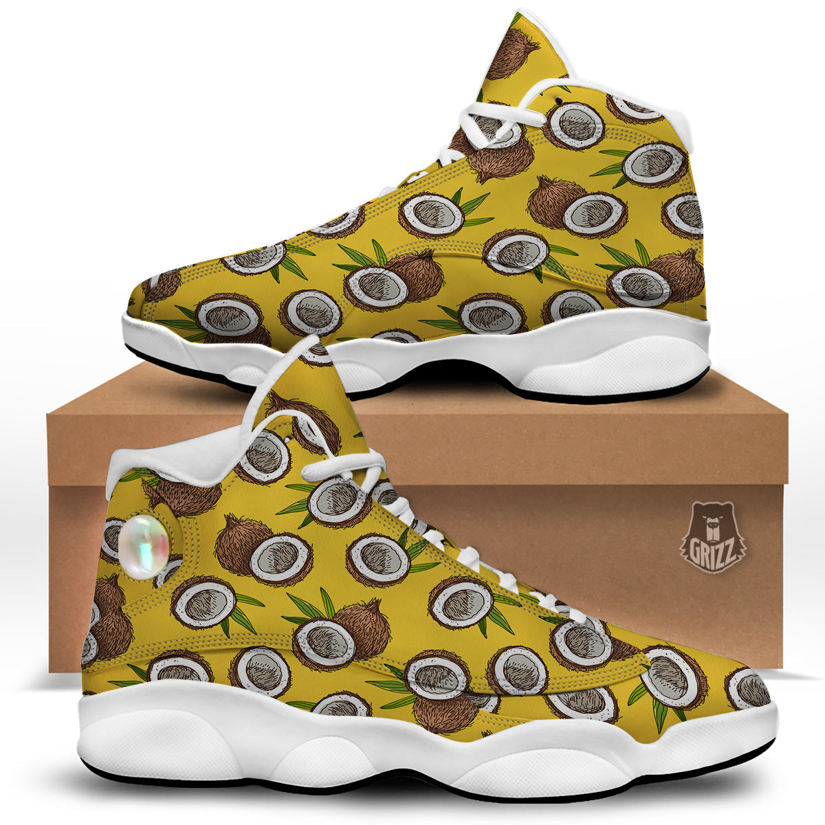 Coconut Yellow Print Pattern White Basketball Shoes-grizzshop