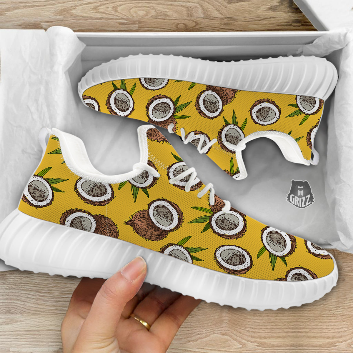 Coconut Yellow Print Pattern White Walking Shoes-grizzshop