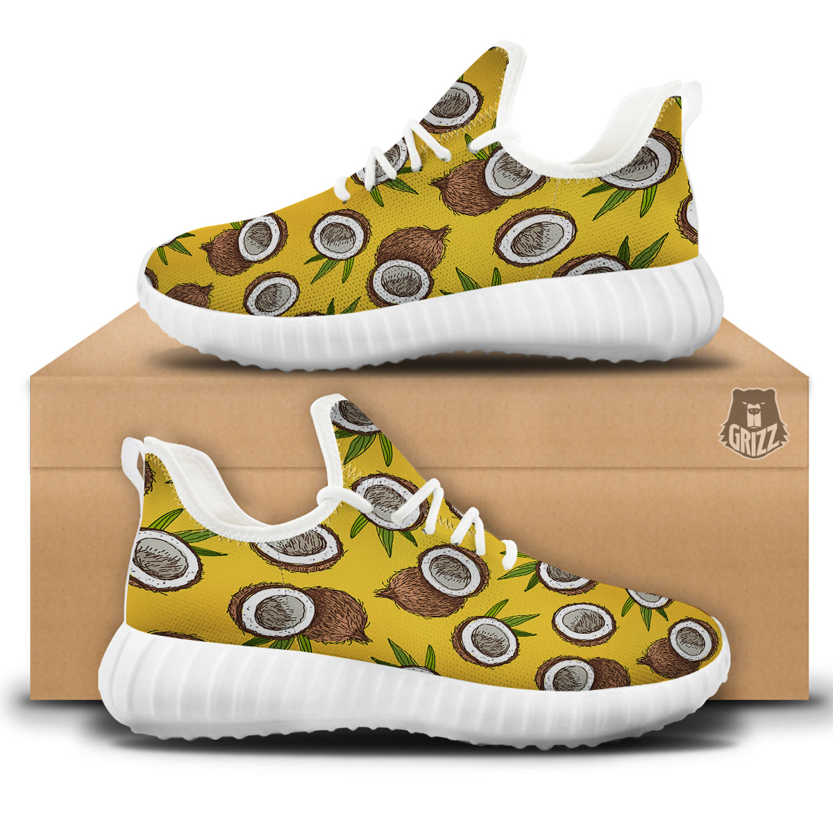 Coconut Yellow Print Pattern White Walking Shoes-grizzshop