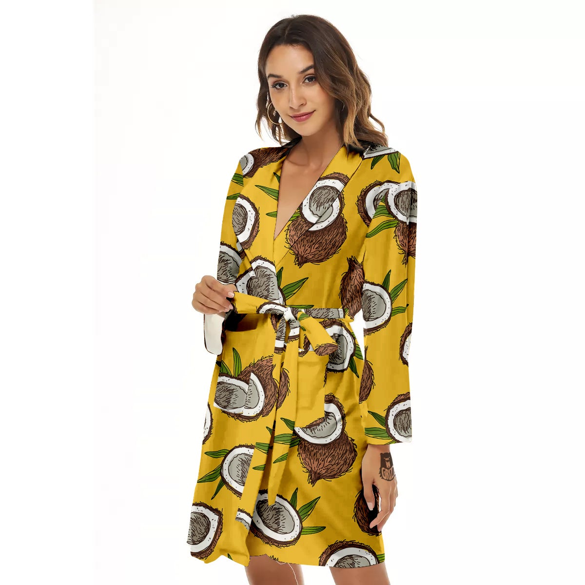 Coconut Yellow Print Pattern Women's Robe-grizzshop