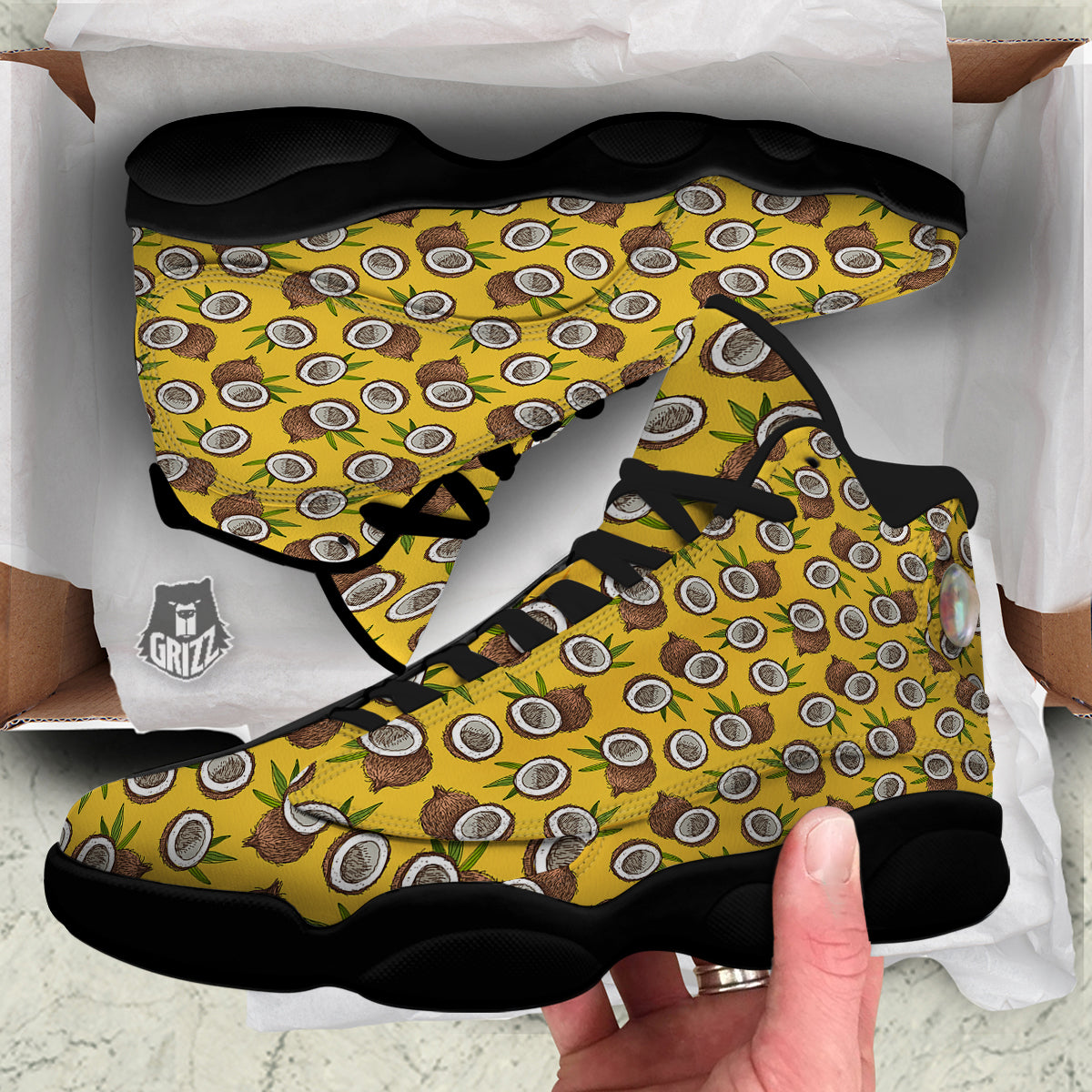 Coconut Yellow Vintage Print Pattern Black Basketball Shoes-grizzshop