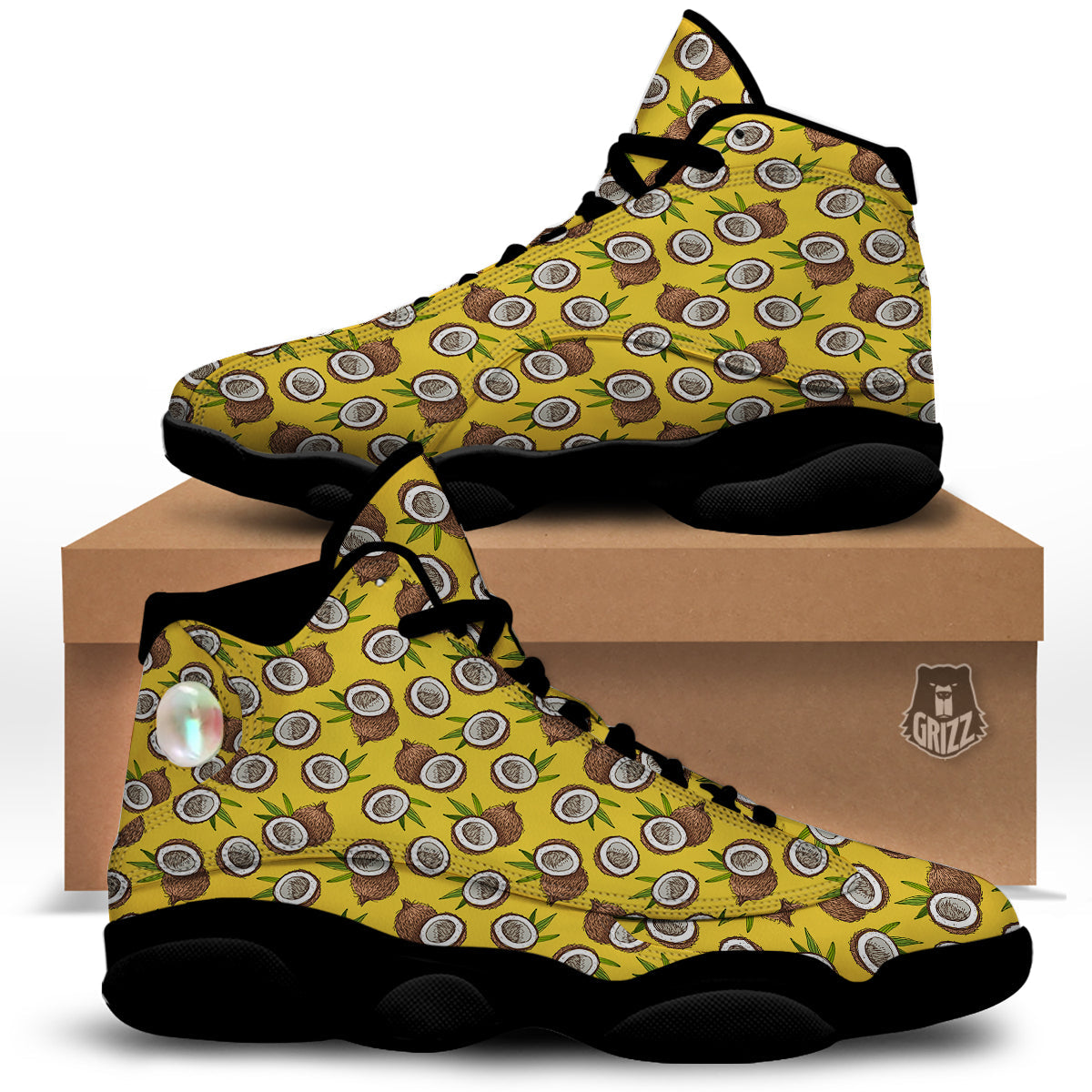 Coconut Yellow Vintage Print Pattern Black Basketball Shoes-grizzshop