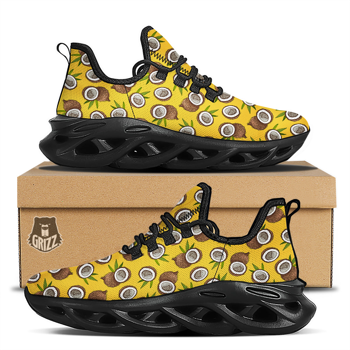Coconut Yellow Vintage Print Pattern Black Running Shoes-grizzshop
