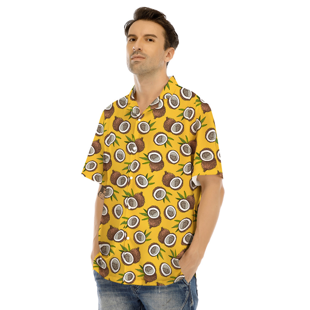 Coconut Yellow Vintage Print Pattern Men's Hawaiian Shirt-grizzshop