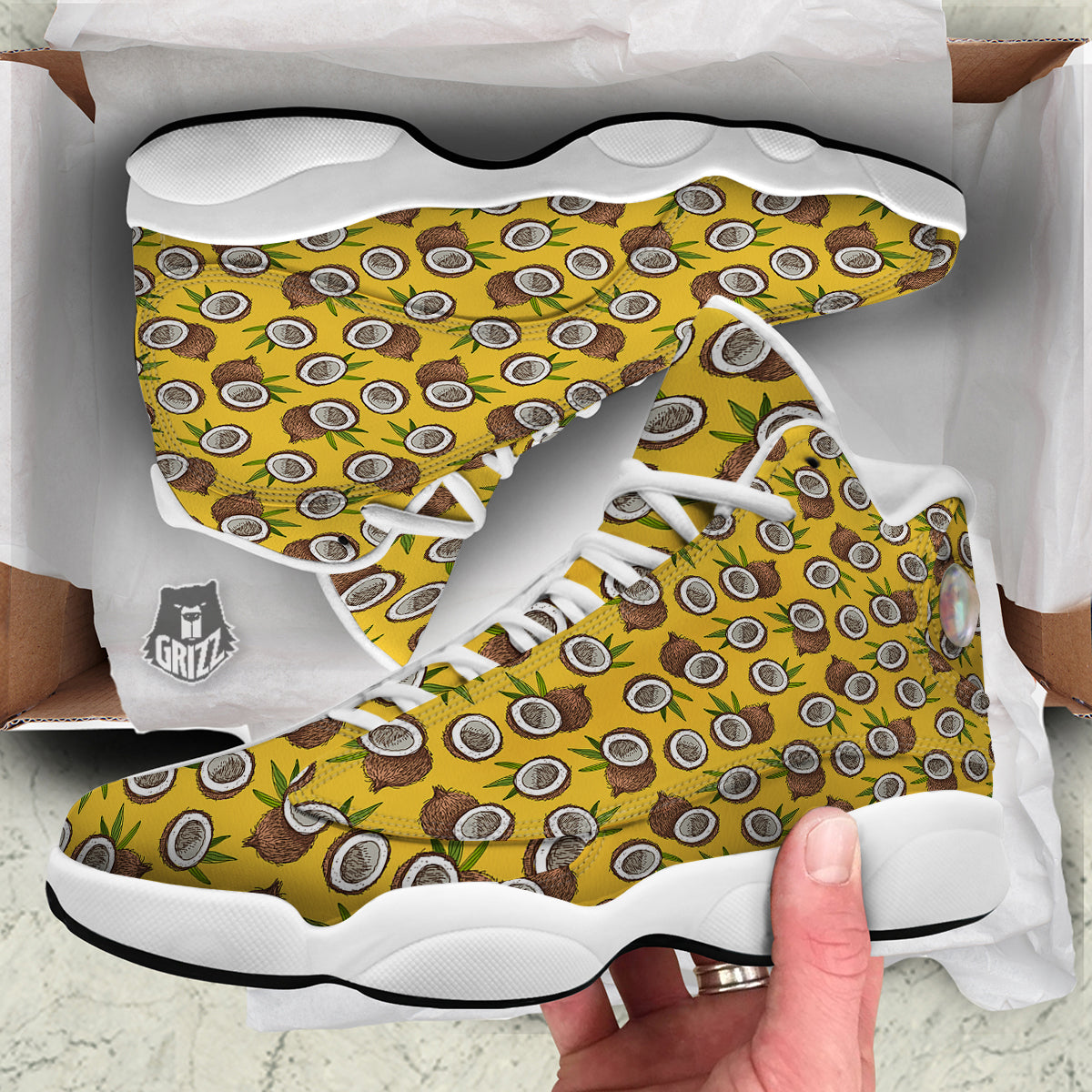 Coconut Yellow Vintage Print Pattern White Basketball Shoes-grizzshop