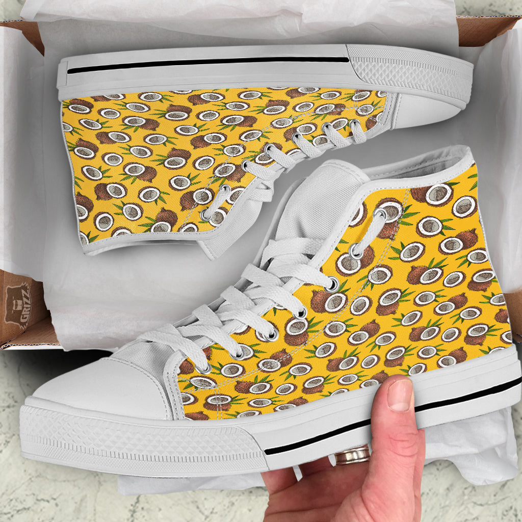 Coconut Yellow Vintage Print Pattern White High Top Shoes-grizzshop