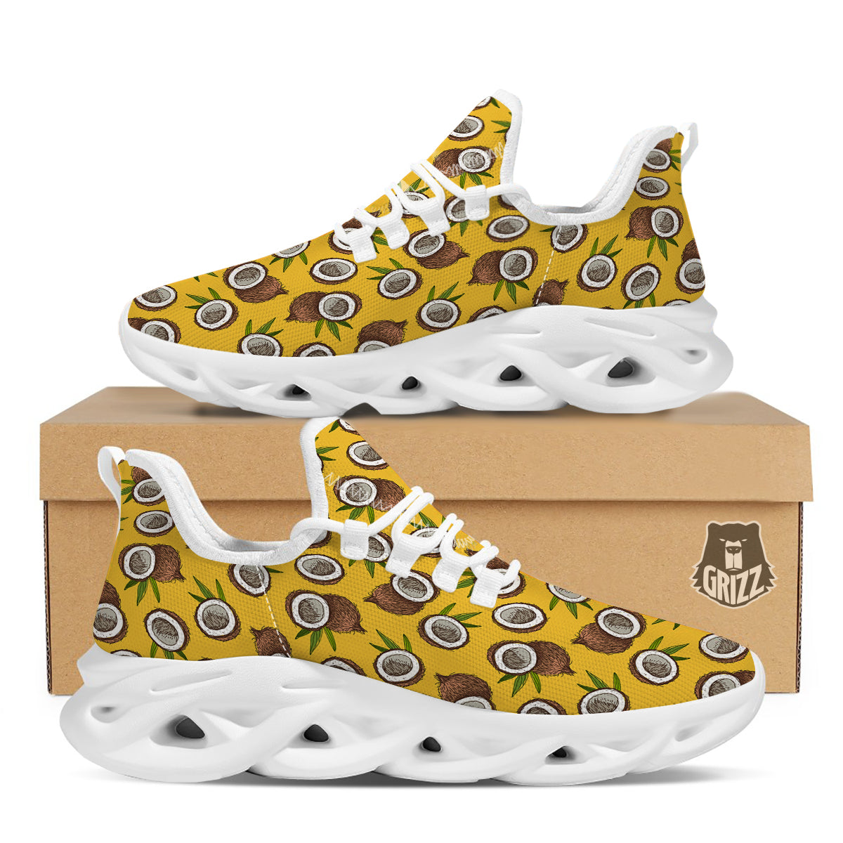 Coconut Yellow Vintage Print Pattern White Running Shoes-grizzshop
