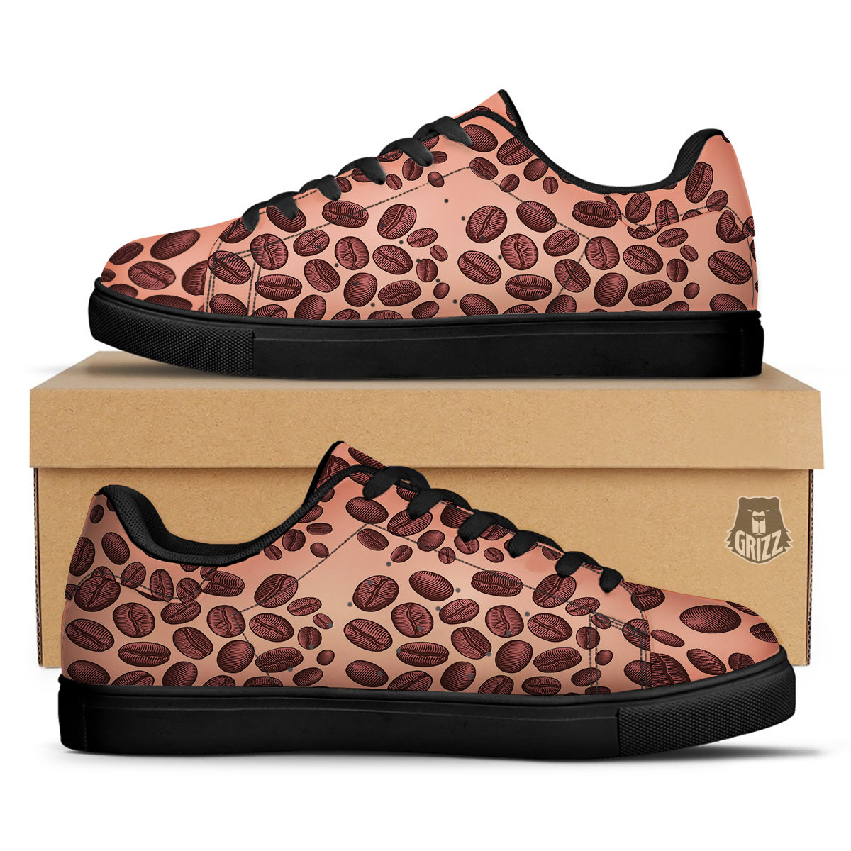 Coffee Bean Vintage Print Pattern Black Low Top Sneakers-grizzshop