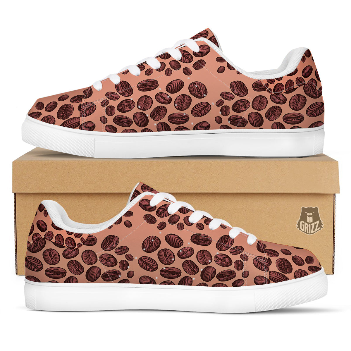 Coffee Bean Vintage Print Pattern White Low Top Sneakers-grizzshop