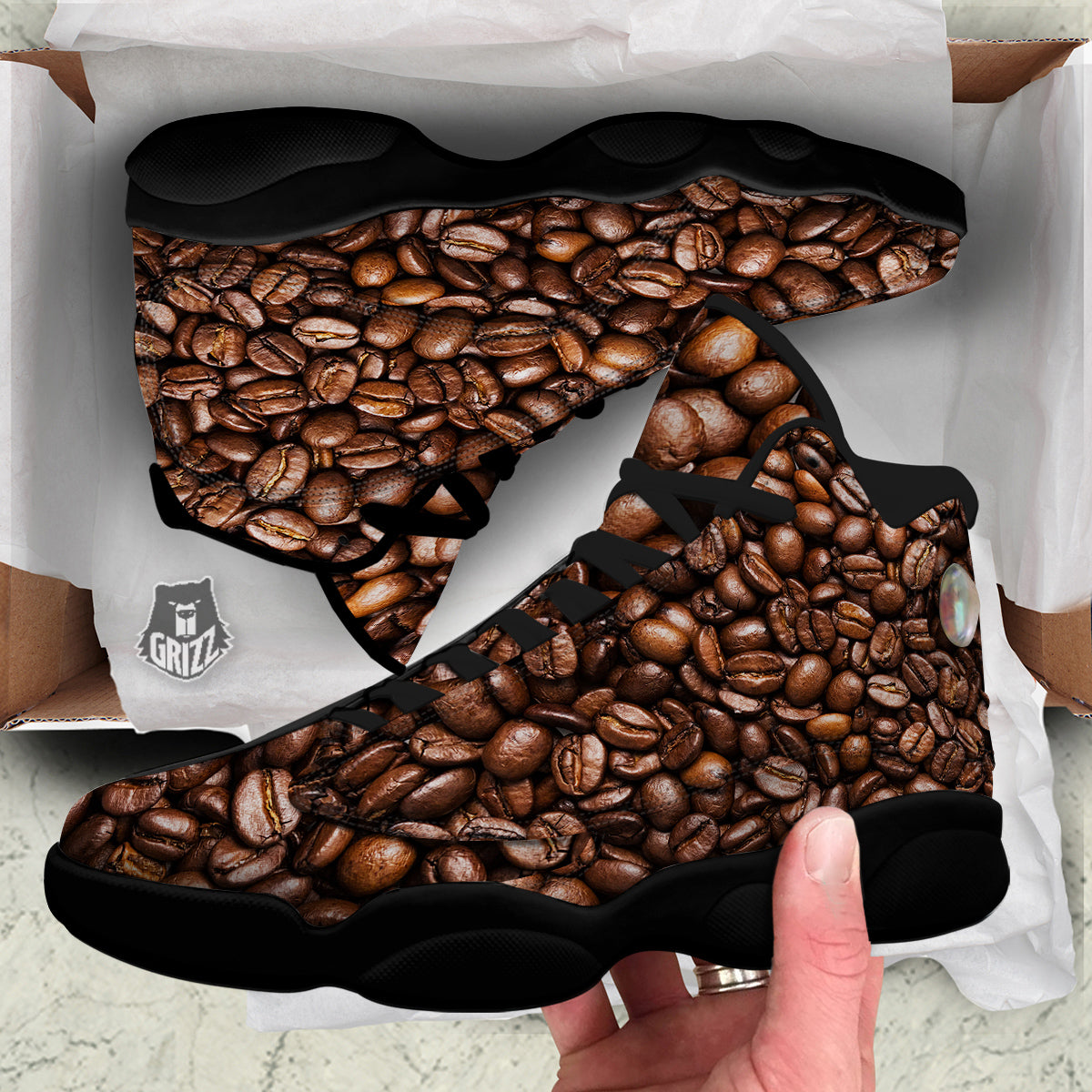 Coffee Beans Print Black Basketball Shoes-grizzshop