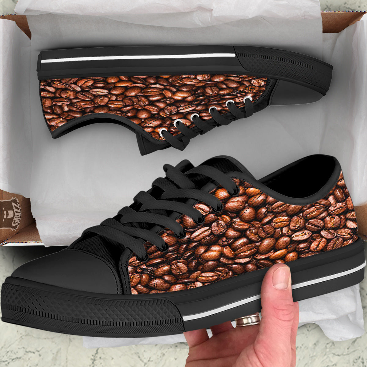 Coffee Beans Print Black Low Top Shoes-grizzshop