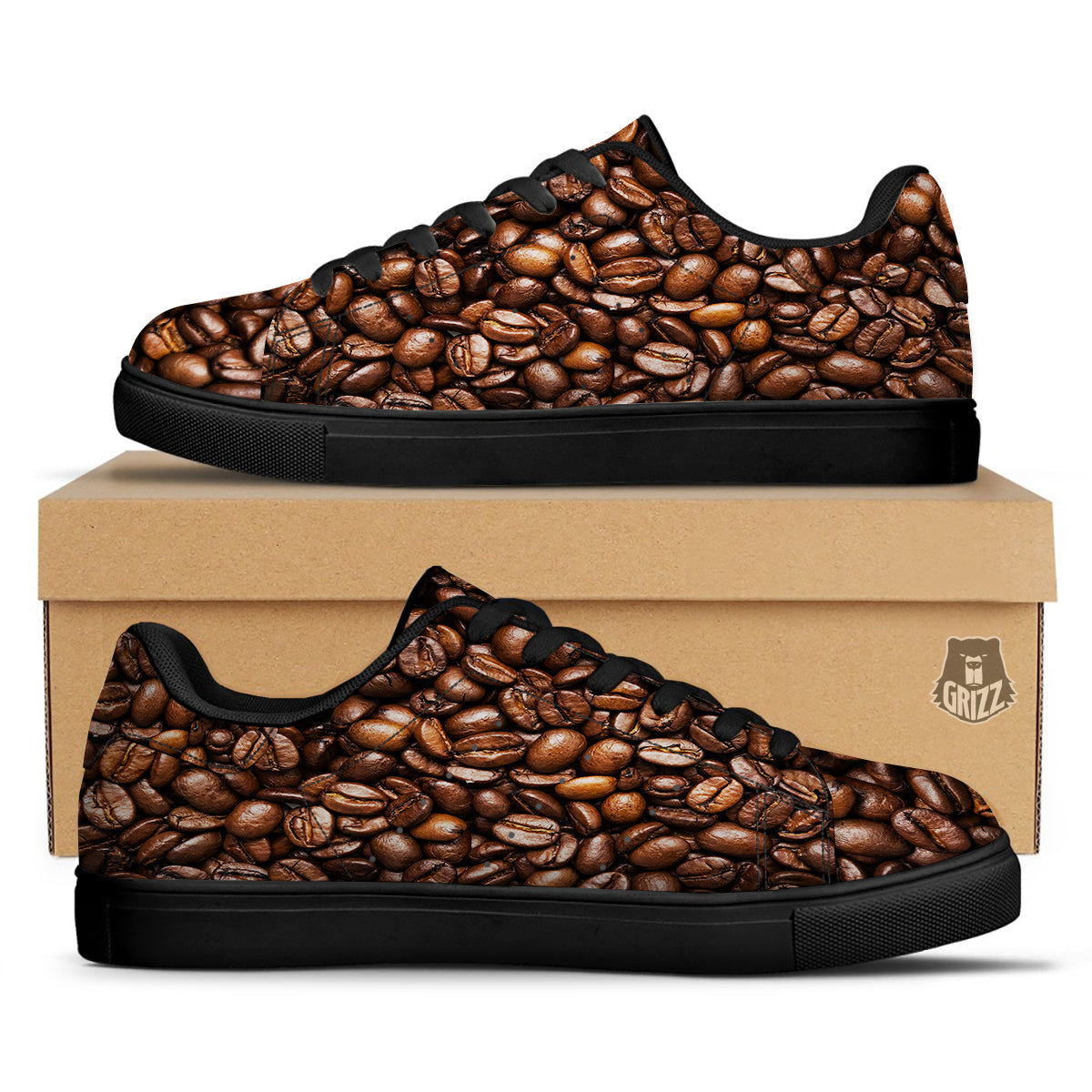 Coffee Beans Print Black Low Top Sneakers-grizzshop