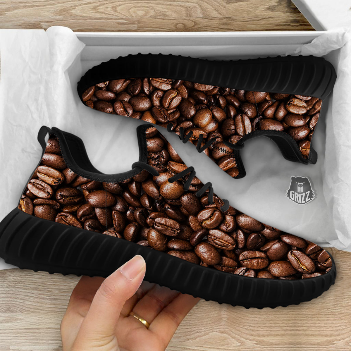 Coffee Beans Print Black Walking Shoes-grizzshop