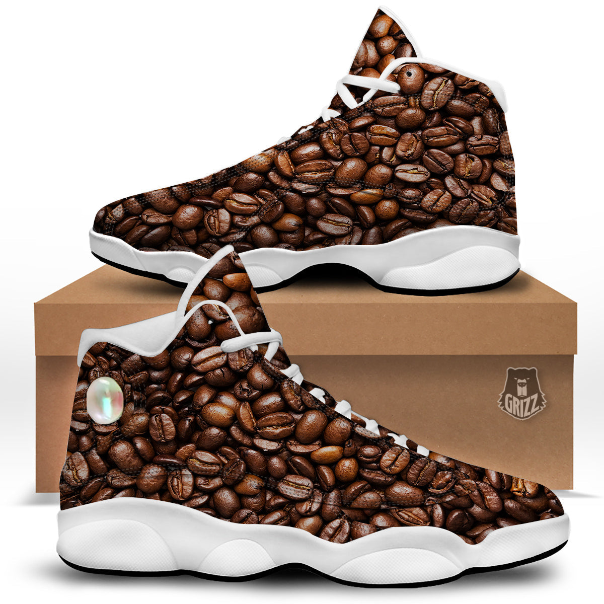 Coffee Beans Print White Basketball Shoes-grizzshop
