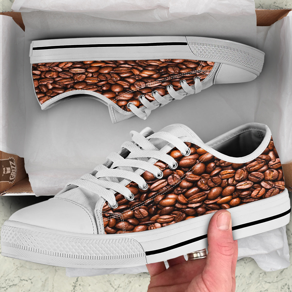 Coffee Beans Print White Low Top Shoes-grizzshop