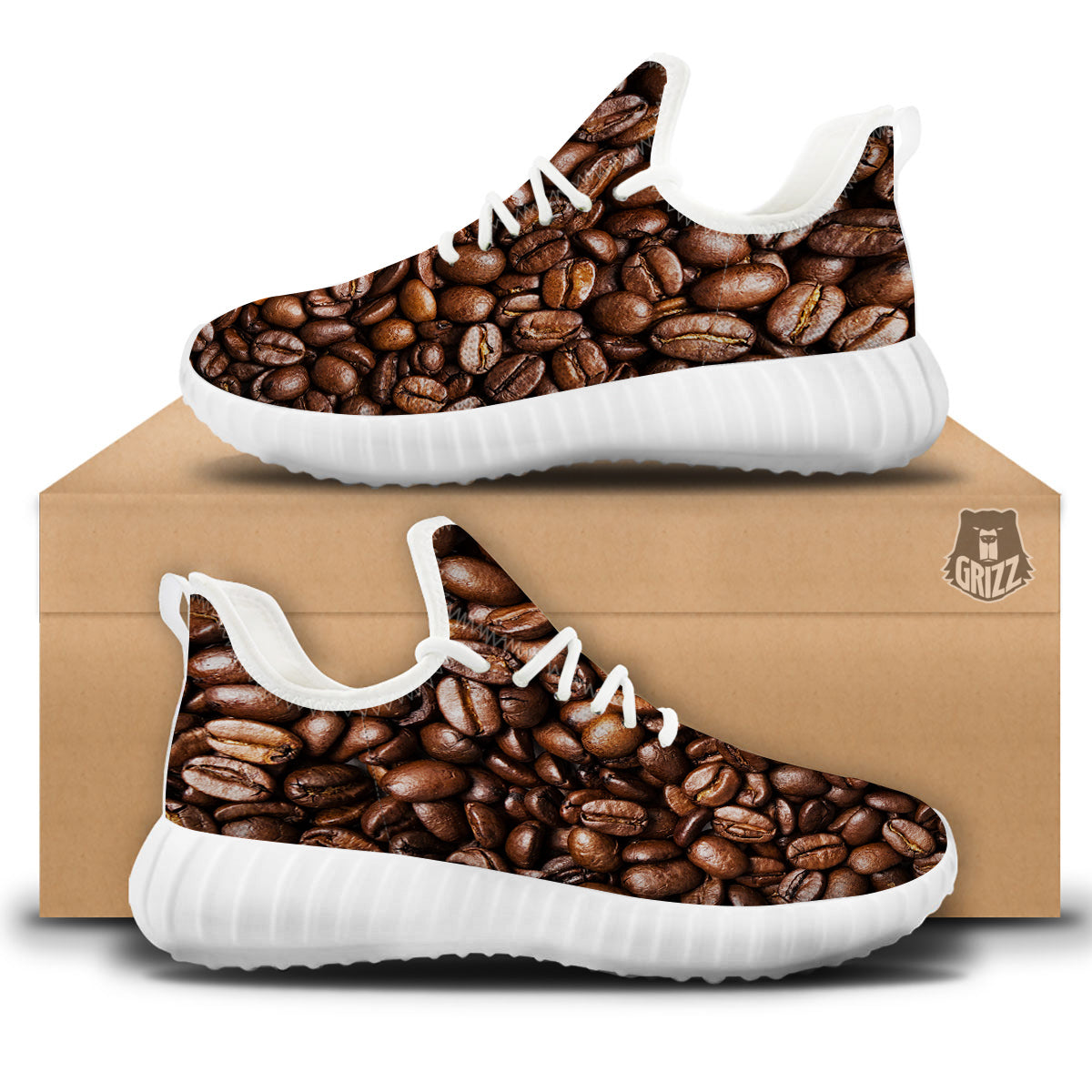 Coffee Beans Print White Walking Shoes-grizzshop