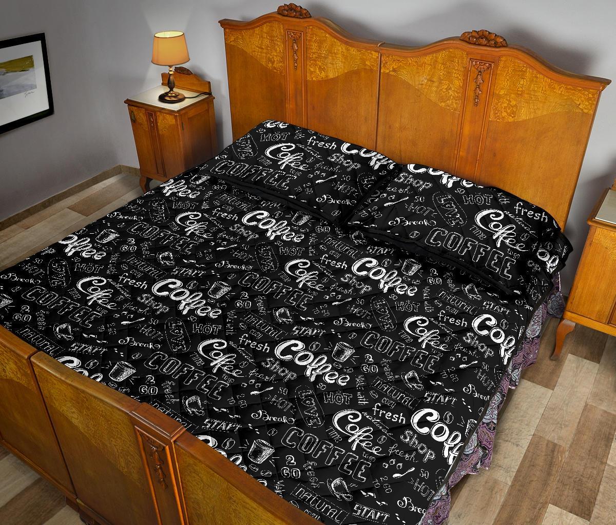 Coffee Black Pattern Print Bed Set Quilt-grizzshop