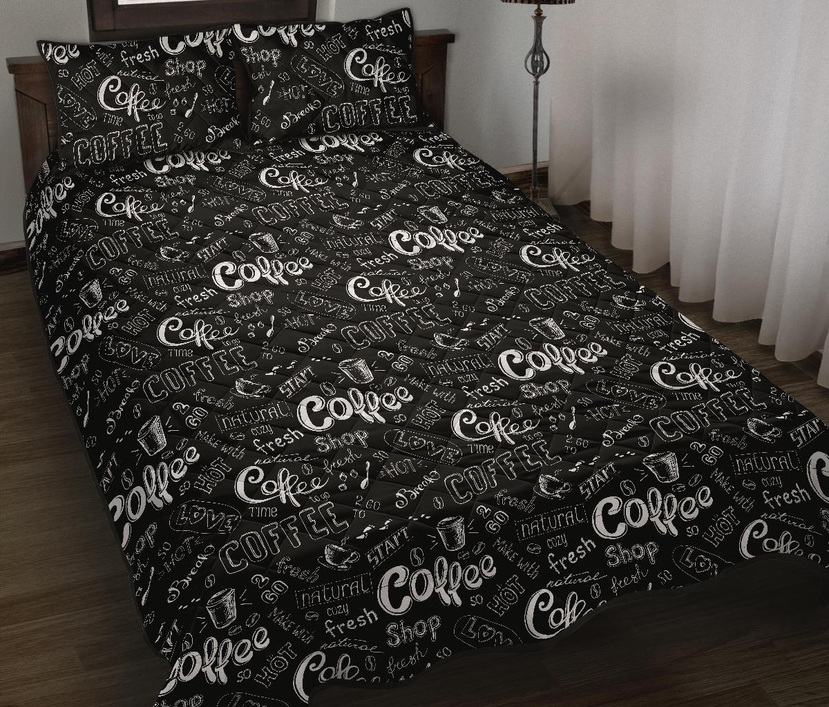 Coffee Black Pattern Print Bed Set Quilt-grizzshop