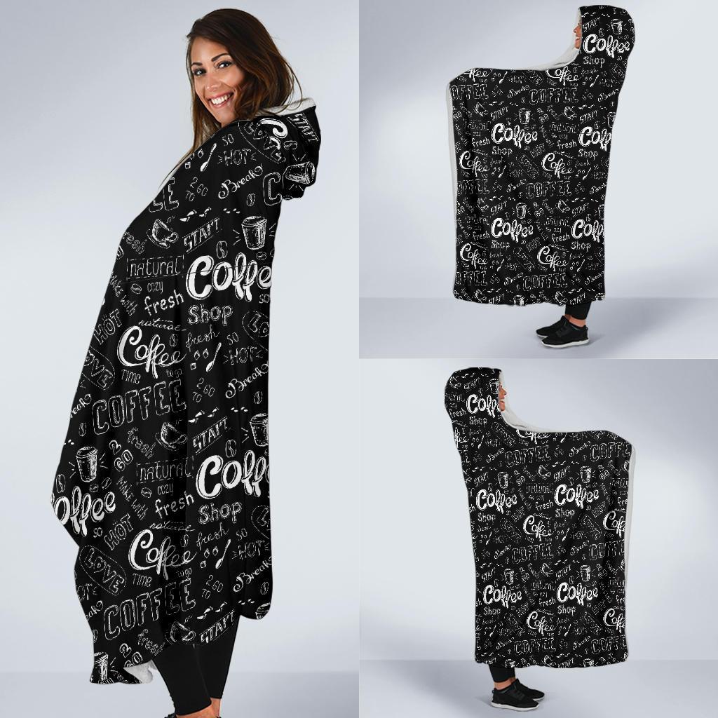 Coffee Black Pattern Print Hooded Blanket-grizzshop