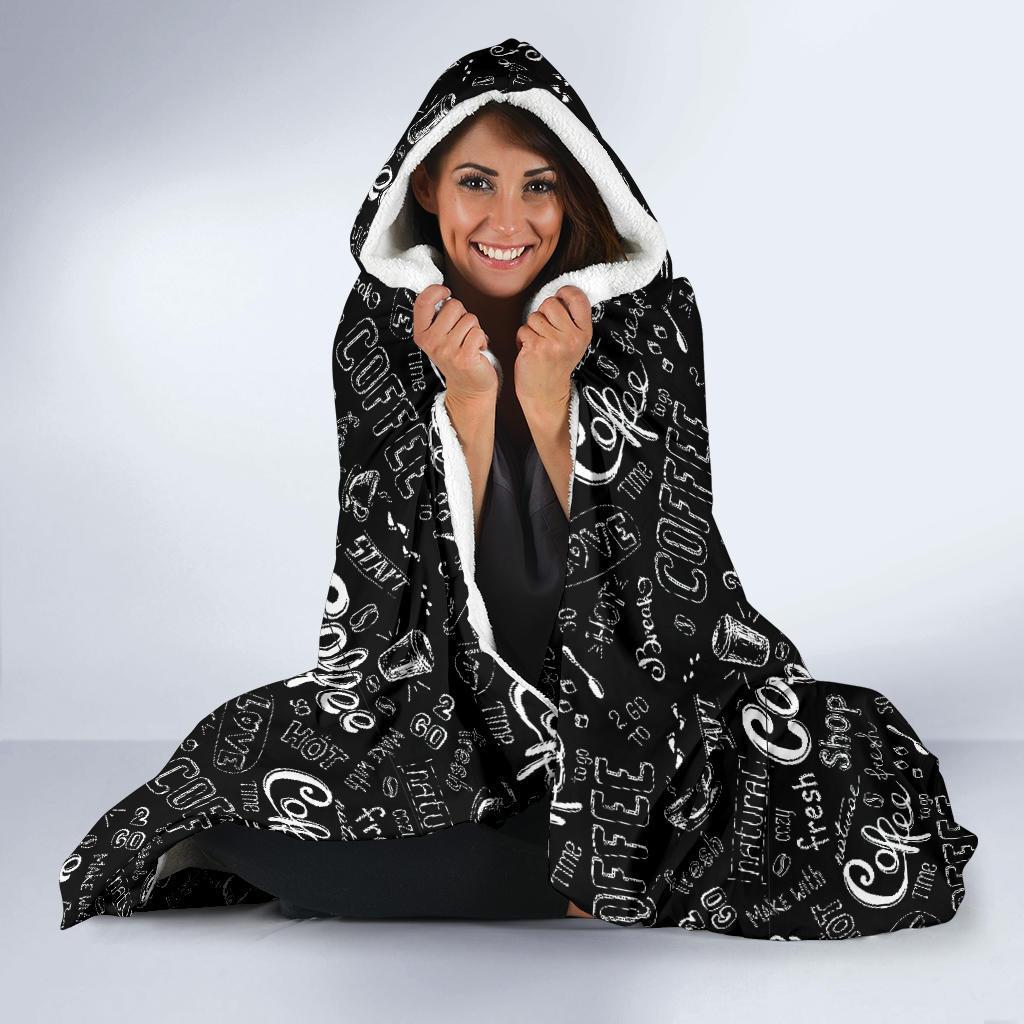 Coffee Black Pattern Print Hooded Blanket-grizzshop