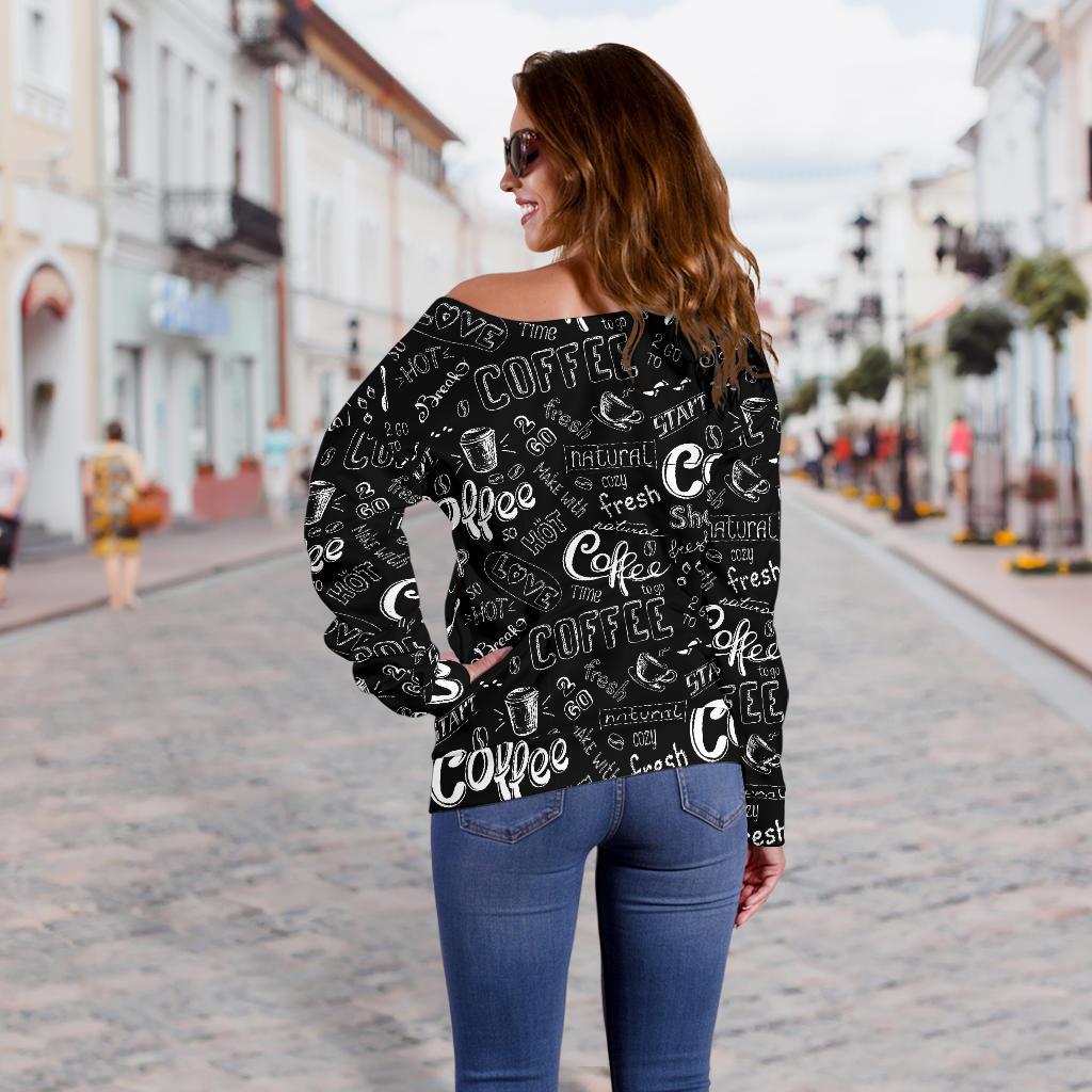 Coffee Black Pattern Print Women Off Shoulder Sweatshirt-grizzshop
