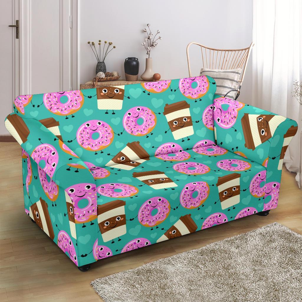 Coffee Donut Pattern Print Loveseat Cover-grizzshop